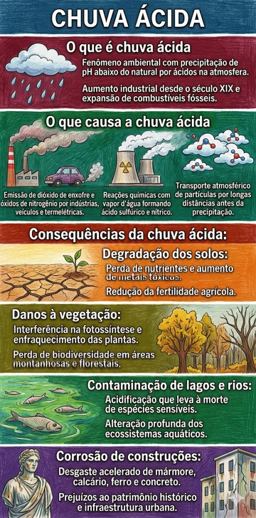 Chuva Ácida Infográfico com resumo sobre o que é, causas e consequênicas da Chuva Ácida