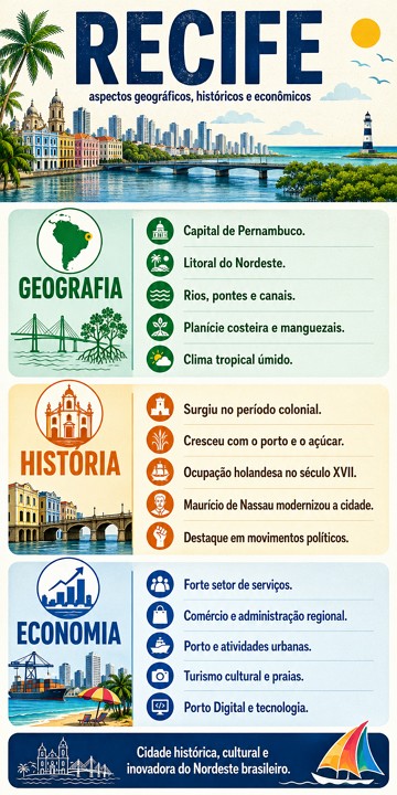 Infográfico sobre a cidade de Recife focando na geografia, história e economia Infográfico sobre a cidade de Recife focando na geografia, história e economia