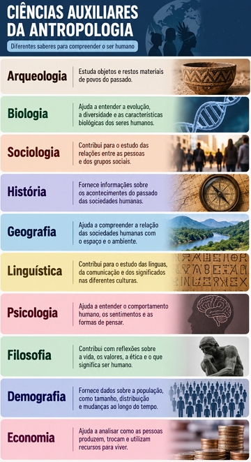 Infogr&aacute;fico sobre as ci&ecirc;ncias auxiliares da Antropologia