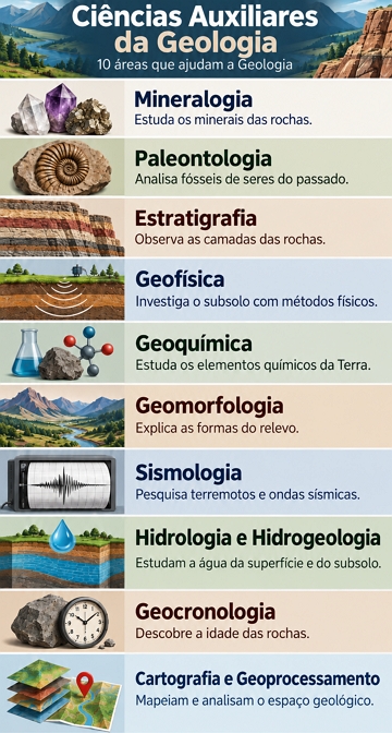 Infogr&aacute;fico sobre as ci&ecirc;ncias auxiliares da Geologia