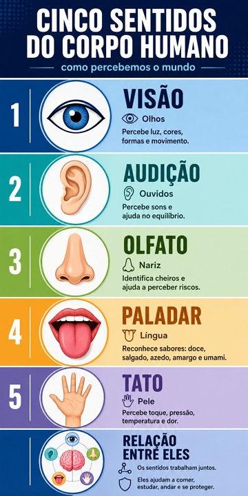 Infográfico sobre os cinco sentidos do corpo humano Infográfico sobre os cinco sentidos do corpo humano