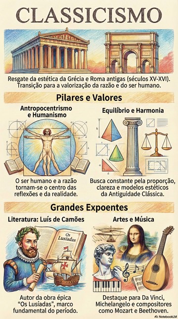 Classicismo Infográfico com síntese histórica do classicismo com suas características e grandes expoentes