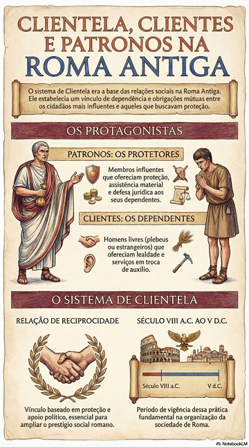 Infográfico explicando a clientela e a relação entre clientes e patronos na sociedade romana antiga Infográfico explicando a clientela e a relação entre clientes e patronos na sociedade romana antiga