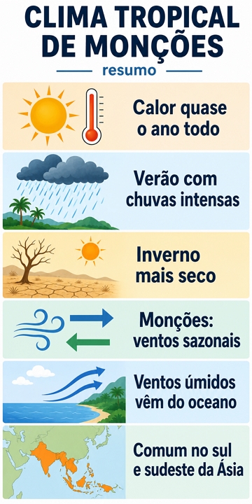 Infográfico com as principais características do clima tropical de monções Infográfico com as principais características do clima tropical de monções
