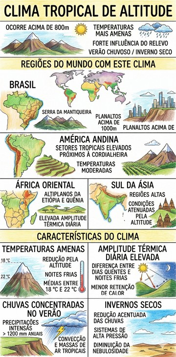 Clima topical de altitude Infográfico com as características e regiões do clima tropical de altitude.