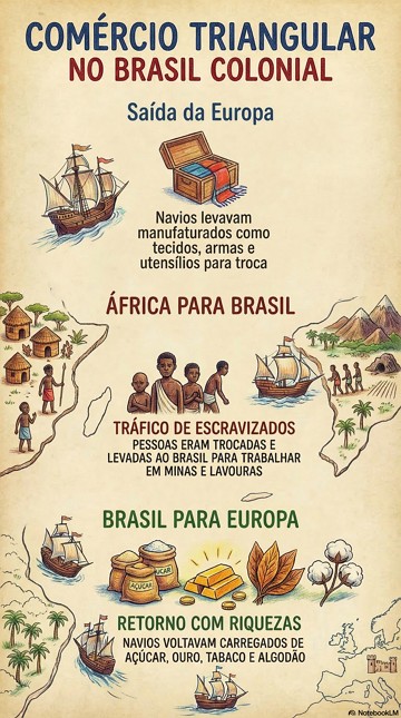 Comércio triangular no Brasil Colonial Infográfico explicando as etapas do comércio triangular no Brasil Colonial