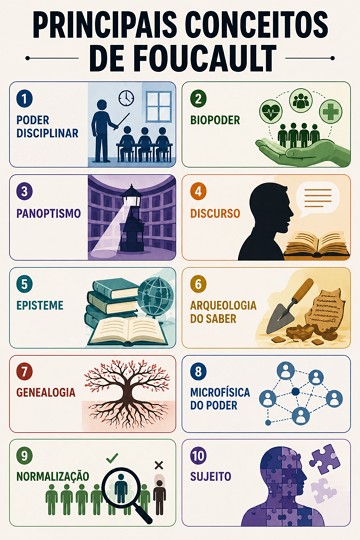 Infográfico citando os 10 conceitos mais importantes de Foucault Infográfico citando os 10 conceitos mais importantes de Foucault