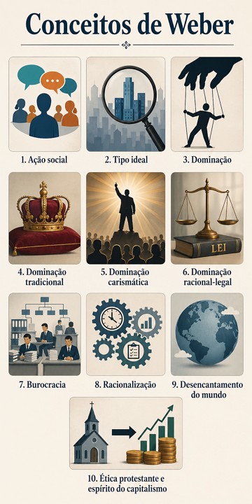Infográfico com imagens simbolizando os principais conceitos de Max Weber Infográfico com imagens simbolizando os principais conceitos de Max Weber
