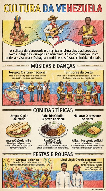 Cultura da Venezuela Infográfico com os principais aspectos culturais da Venezuela