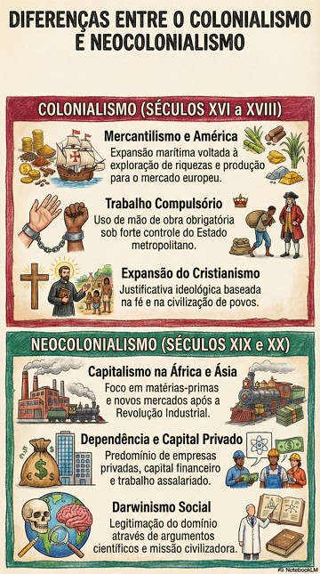 Infográfico apontando as diferenças entre o Colonialismo e o Neocolonialismo Infográfico apontando as diferenças entre o Colonialismo e o Neocolonialismo