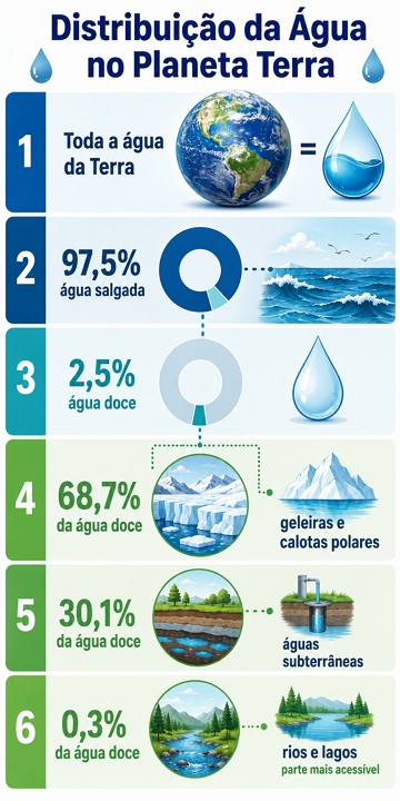 Infogr&aacute;fico sobre a distribui&ccedil;&atilde;o da &aacute;gua no planeta Terra