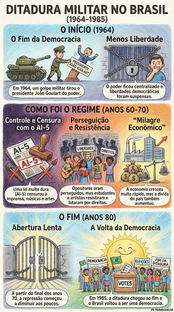 síntese sobre a Ditadura Militar no Brasil Infográfico com síntese sobre a Ditadura Militar no Brasil