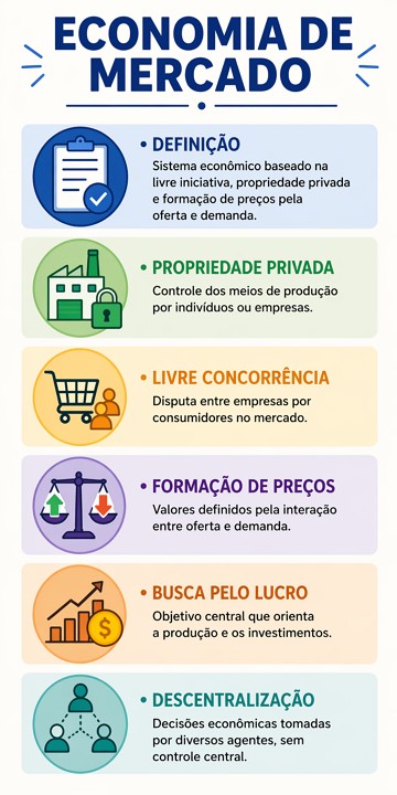 Infográfico com definição e características da economia de mercado Infográfico com definição e características da economia de mercado