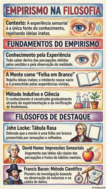 Empirismo na Filosofia Infográfico sobre as características e filósofos do Empirismo