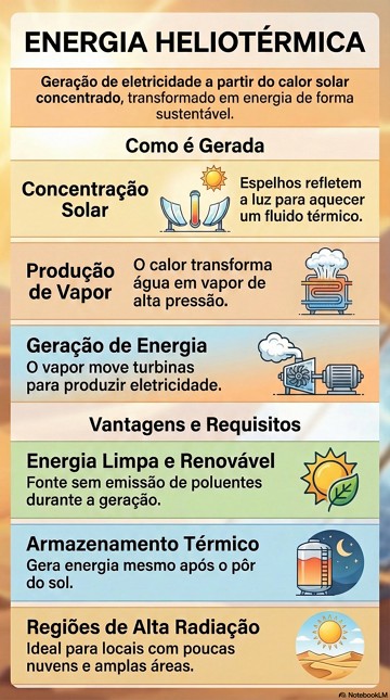 Energia Heliotérmica Infográfico mostrando o que é a energia heliotérmica e como ela é gerada