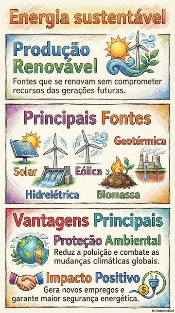 Energia sustentável, suas características e exemplos Infográfico sobre energia sustentável, suas características e exemplos