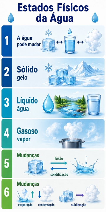 Infogr&aacute;fico sobre os estados f&iacute;sicos da &aacute;gua e as mudan&ccedil;as