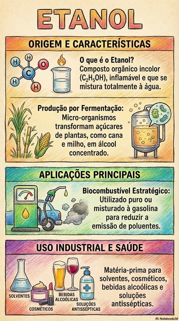 Características, produção e uso do etanol Infográfico didático sobre as características, produção e uso do etanol