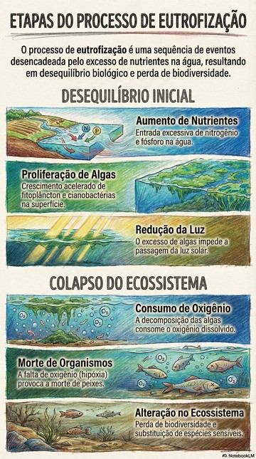 Infográfico mostrando as etapas da eutrofização Infográfico mostrando as etapas da eutrofização
