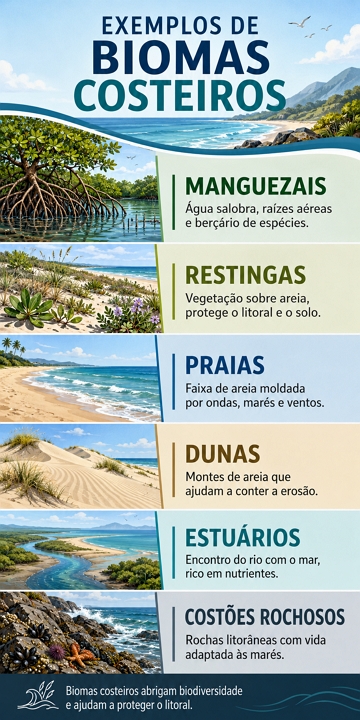 Infográfico com exemplos de biomas costeiros Infográfico com exemplos de biomas costeiros