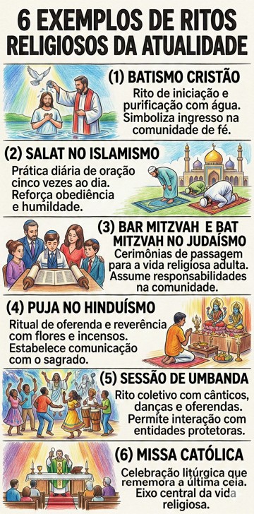 Exemplos de ritos religiosos da atualidade Infográfico com 6 exemplos de ritos religiosos da atualidade