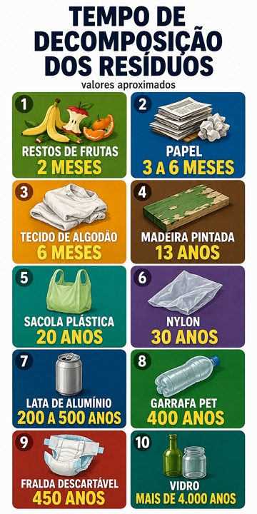 Infogr&aacute;fico com exemplos de tempo de decomposi&ccedil;&atilde;o dos res&iacute;duos