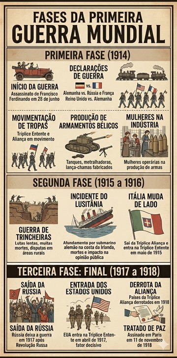 Fases da Primeira Guerra Mundial Infográfico explicando resumidamente as três fases da Primeira Guerra Mundial