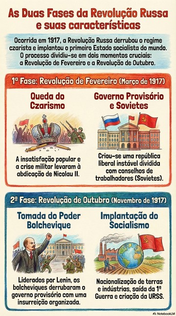 Duas fases da Revolução Russa Infográfico explicando as características das duas fases da Revolução Russa
