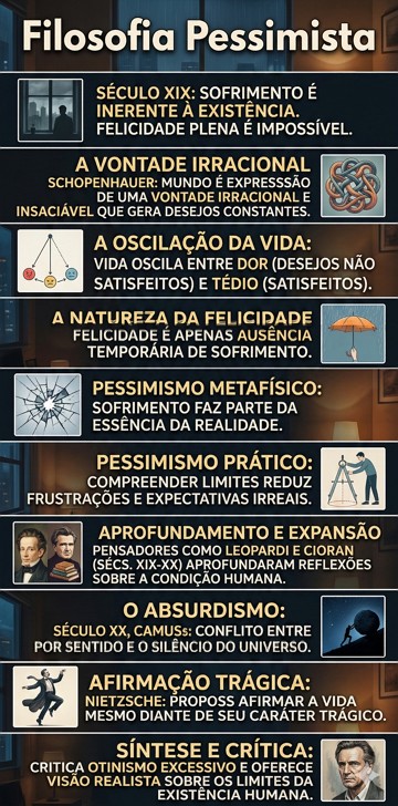 Filosofia Pessimista Infográfico com resumo da ideias da filosofia pessimista e filósofos pessimistas