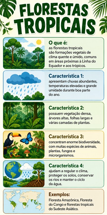 Infogr&aacute;fico did&aacute;tico e resumo sobre as florestas tropicais e suas caracter&iacute;sticas
