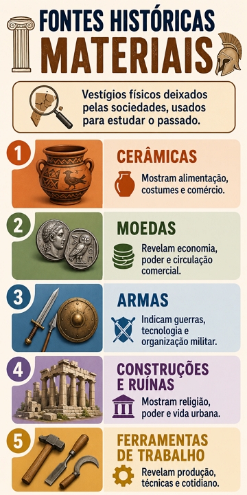 Infográfico sobre fontes históricas materiais e exemplos Infográfico sobre fontes históricas materiais e exemplos
