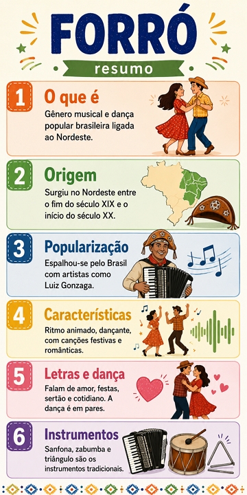 Infogr&aacute;fico com resumo sobre o forr&oacute; e suas caracter&iacute;sticas