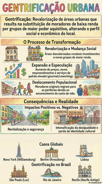 Infogr&aacute;fico sobre conceito, aspectos e exemplos da gentrifica&ccedil;&atilde;o urbana