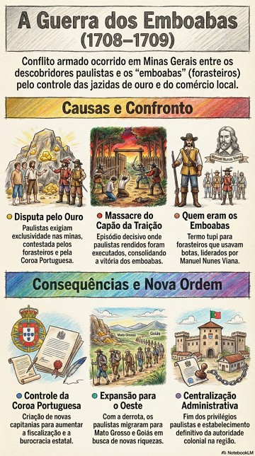 Infográfico explicando resumidamente a Guerra dos Emboabas Infográfico explicando resumidamente a Guerra dos Emboabas