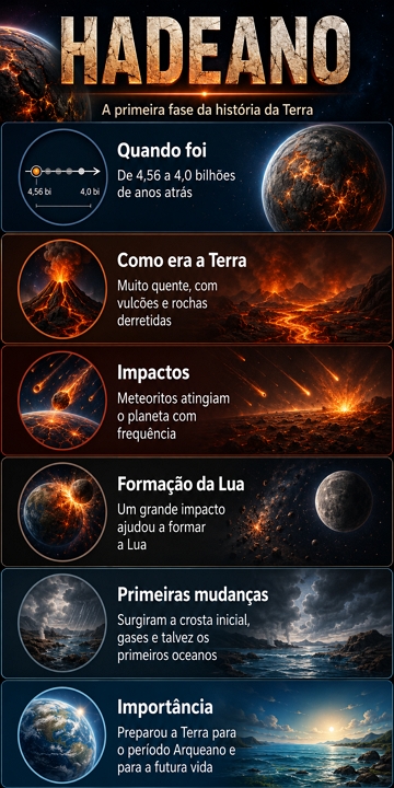 Infográfico sobre as principais características do éon Hadeano Infográfico sobre as principais características do éon Hadeano