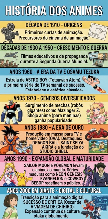 História dos Animes Infográfico com a História dos Animes de forma didática e resumida