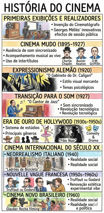 História do Cinema com principais fases Infográfico sobre a história do Cinema com principais fases