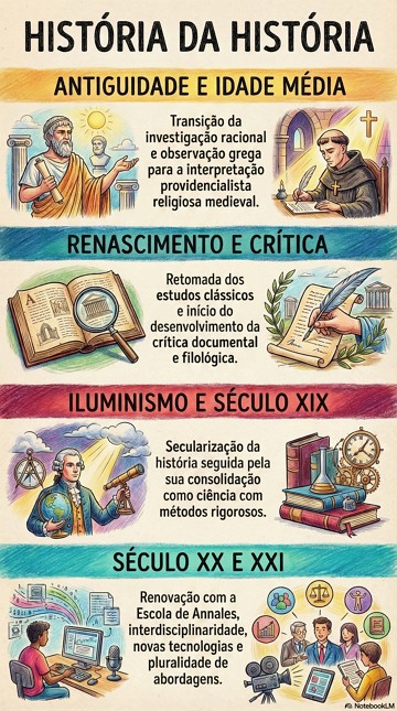 História da História Infográfico mostrando a evolução da produção do conhecimento histórico da Antiguidade aos dias de hoje, de forma resumida