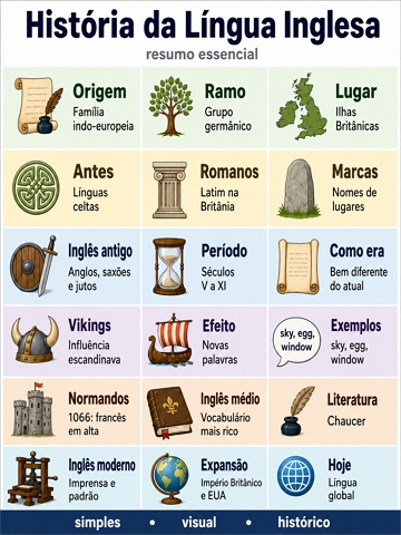 Infográfico didático com as principais fases da história da língua inglesa. Infográfico didático com as principais fases da história da língua inglesa.