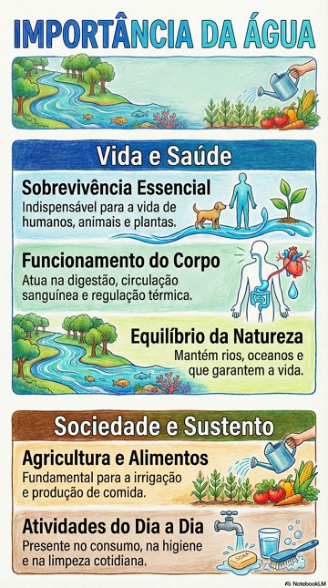 Importância da Água Infográfico com resumo sobre a importância da água