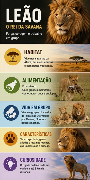 Infográfico sobre o leão e suas características Infográfico sobre o leão e suas características