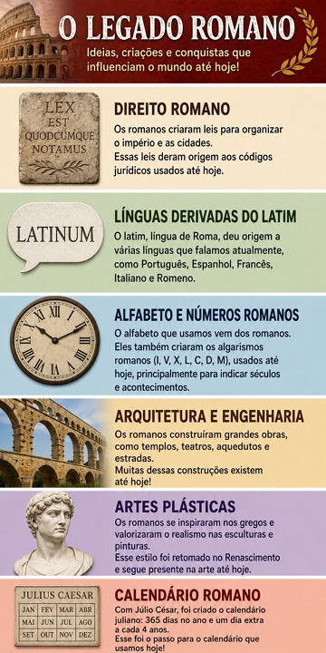 Infográfico sobre importantes legados deixados pelos romanos Infográfico sobre importantes legados deixados pelos romanos