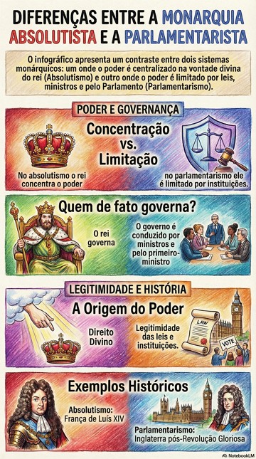 Diferenças entre a monarquia absolutista e a parlamentarista Infográfico explicando as diferenças entre a monarquia absolutista e a parlamentarista