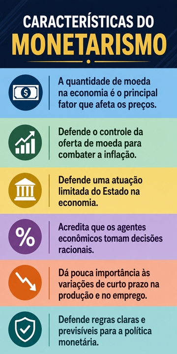Infográfico com as principais características do Monetarismo Infográfico com as principais características do Monetarismo