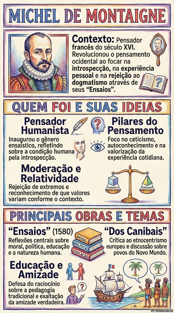 Michel de Montaigne Infográfico sobre quem foi, ideias filosóficas e obras de Michel de Montaigne