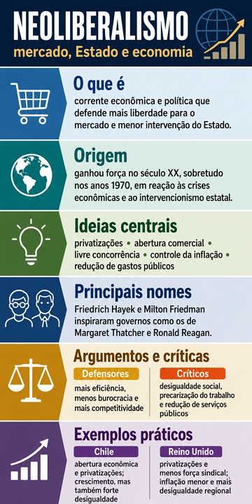 Infográfico com as principais características do Neoliberalismo Infográfico com as principais características do Neoliberalismo