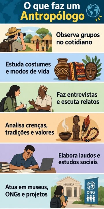 Infogr&aacute;fico resumido mostrando as principais atividades realizadas por um antrop&oacute;logo
