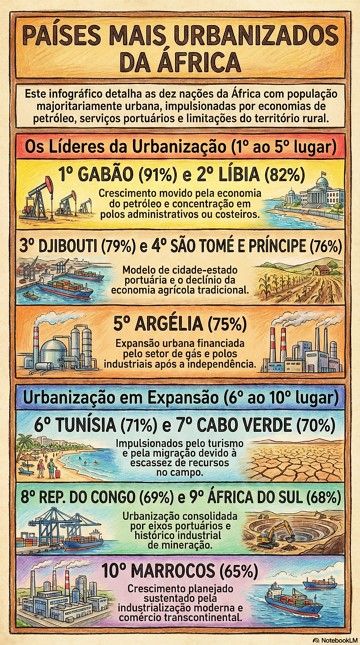 Infográfico com os 10 países mais urbanizados da África Infográfico com os 10 países mais urbanizados da África