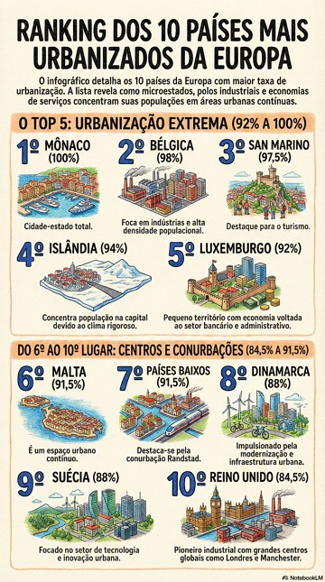 10 países mais urbanizados da Europa Infográfico com os 10 países mais urbanizados da Europa