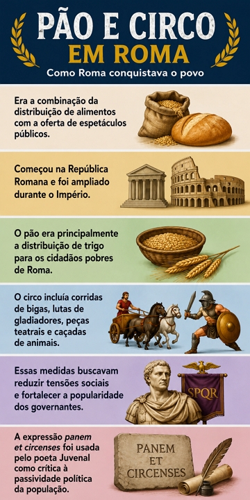 Infogr&aacute;fico sobre a pol&iacute;tica do P&atilde;o e Circo em Roma Antiga